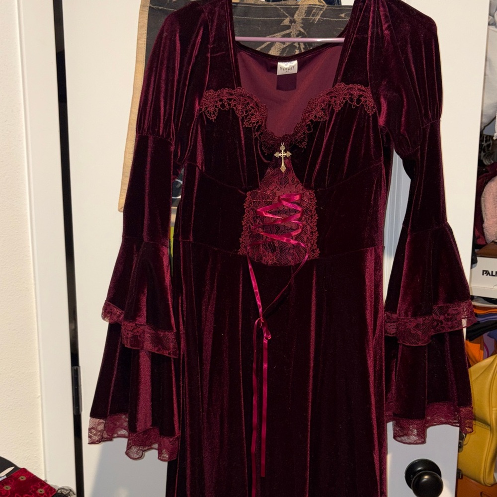 Spirit Burgundy Velvet Dress with Lace Accents XL